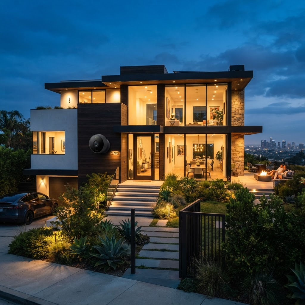 Vivienda moderna protegida con un sistema de seguridad inteligente al atardecer